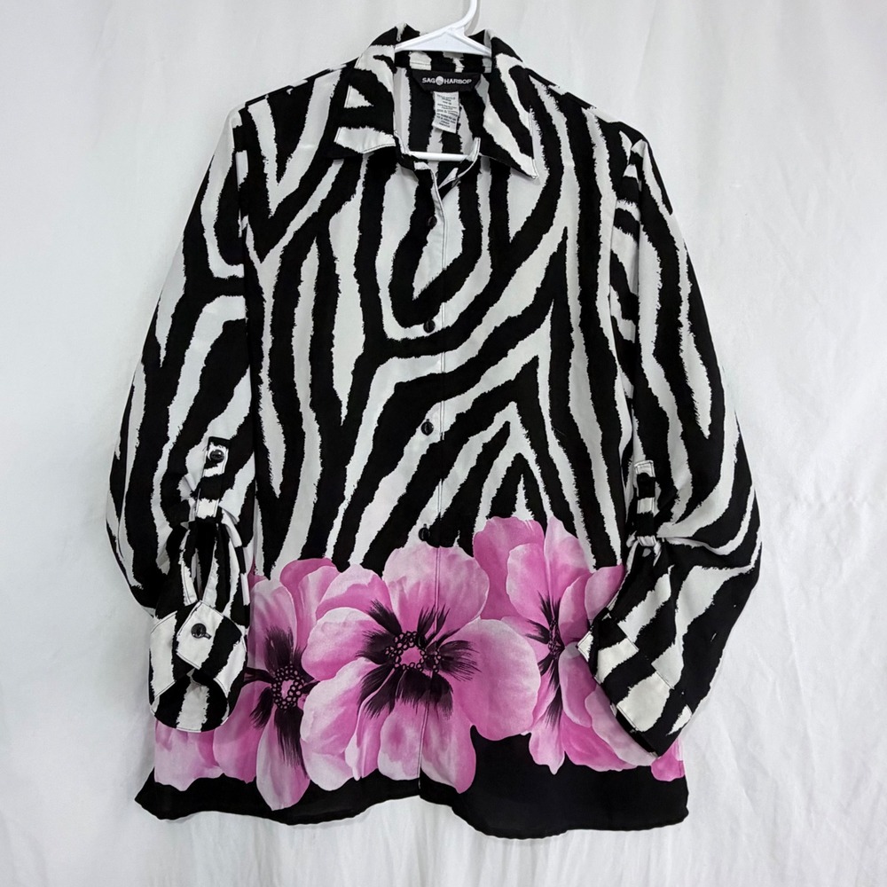 Sag Harbor Zebra Print Floral Button Down Blouse Women Statement Top